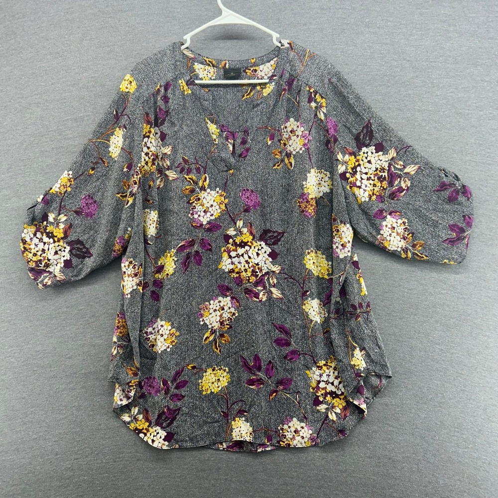 Worthington Woman Floral Print V Neck 3/4 Sleeve Tunic Top Gray Purple Yellow XL
